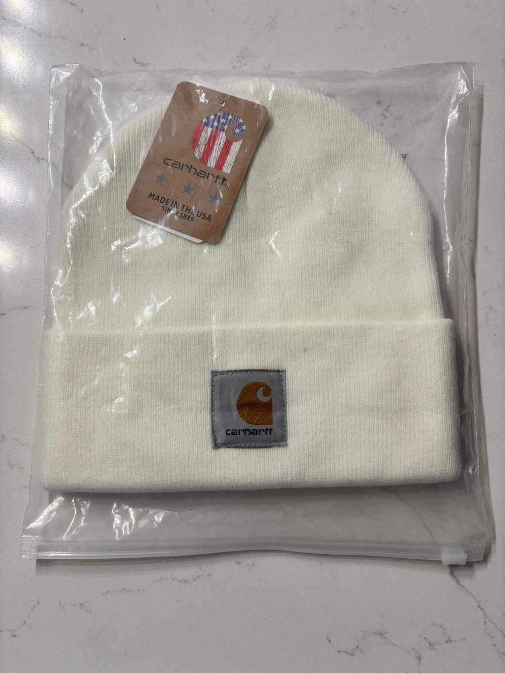 Carhartt Cream Cuffed Knit Beanie with Black Logo